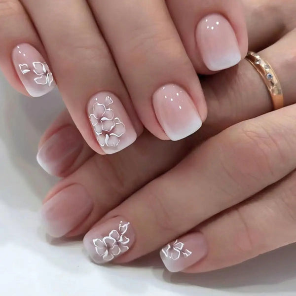 White Flower Gentle Gradient Fairy Fashion All-match White Fake Nails Wear Armor Hanzuva