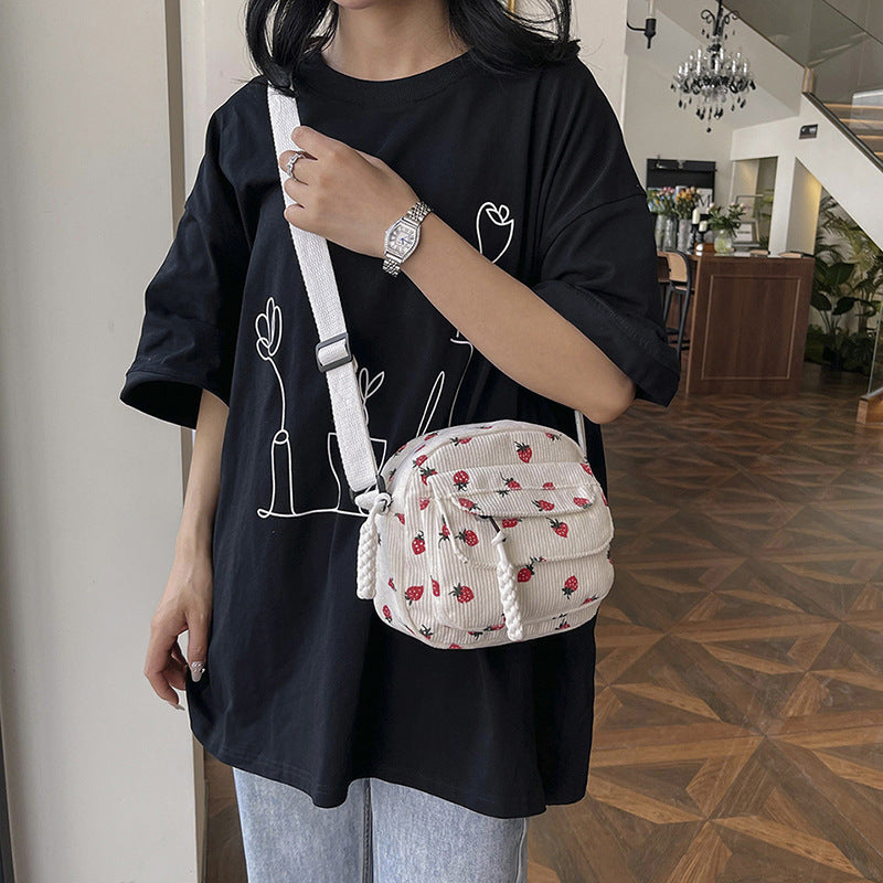 Corduroy Cloth Bag Women's Strawberry Printing