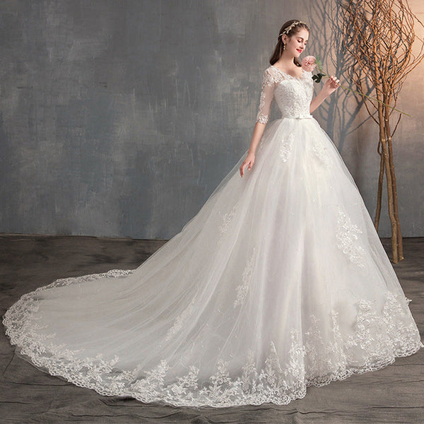 Wedding Dress Trailing Deep V Neck Lace High Waist Wedding Dress Long Sleeves Hanzuva
