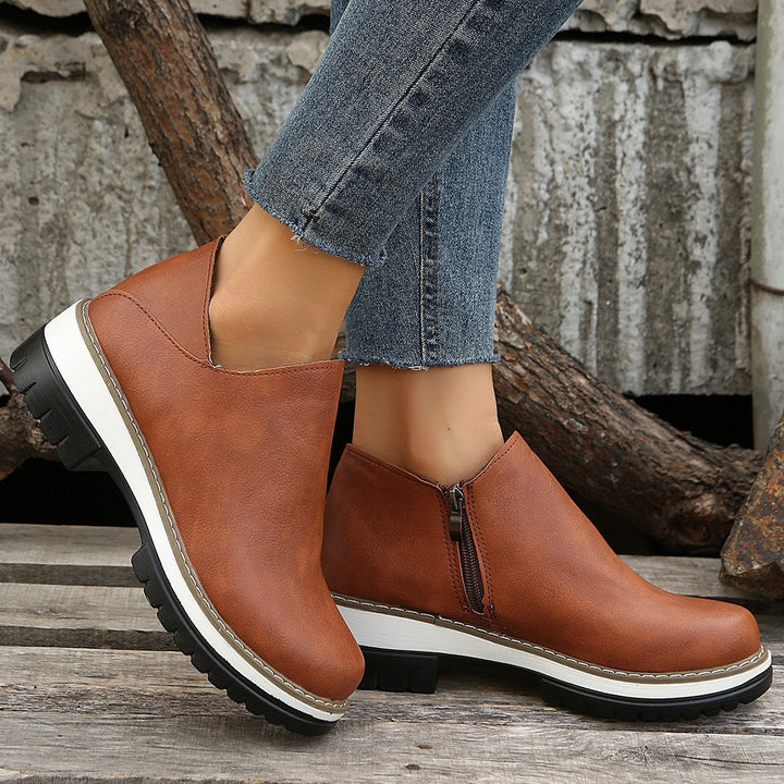 Women Ankle Boots Round Toe Low Heel Zipper Shoes Hanzuva