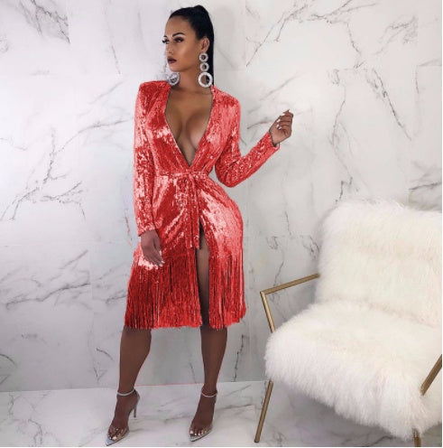 Deep V-neck Shiny Lace-up Long-sleeved Sexy Split Fringe Dress Hanzuva