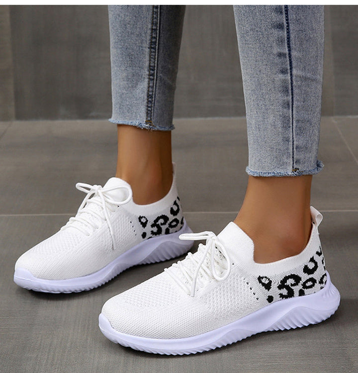 White Shoes Women Leopard Print Lace-up Sneakers Sports Hanzuva