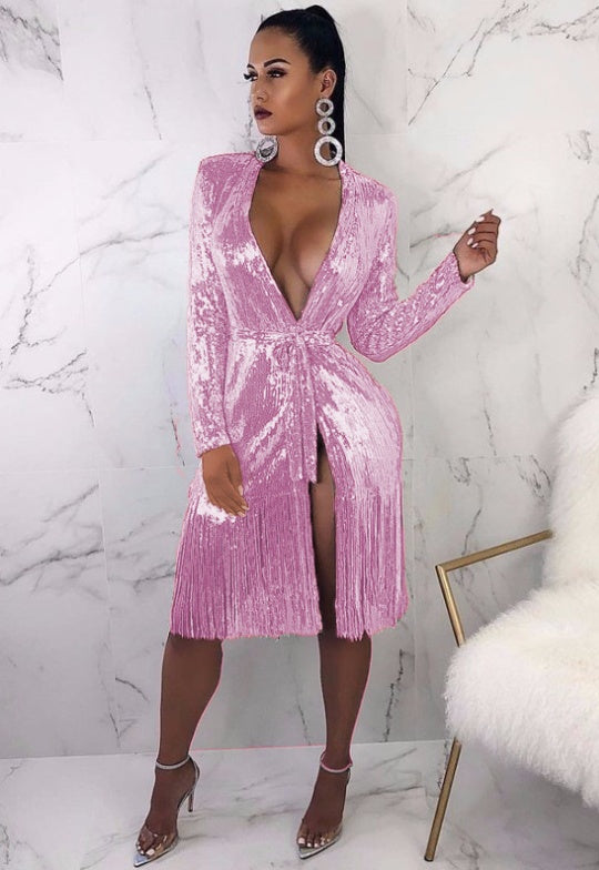 Deep V-neck Shiny Lace-up Long-sleeved Sexy Split Fringe Dress Hanzuva