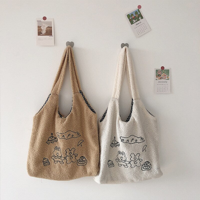 Plush Embroidery Large Capacity Leisure Shopping Bag Hanzuva