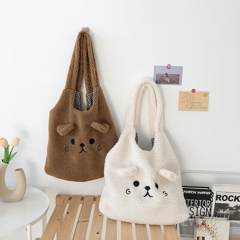 Lamb Wool Large Capacity Plush Embroidery Shopping Bag Hanzuva