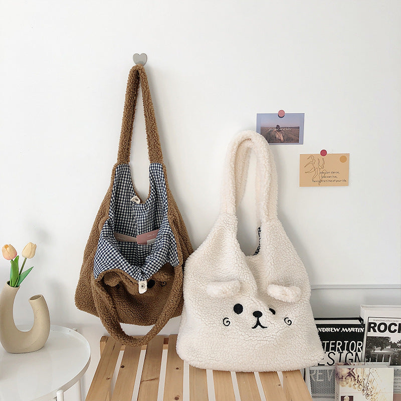 Lamb Wool Large Capacity Plush Embroidery Shopping Bag Hanzuva