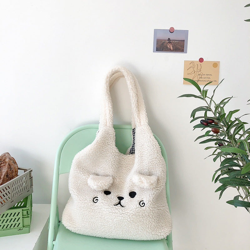 Lamb Wool Large Capacity Plush Embroidery Shopping Bag Hanzuva