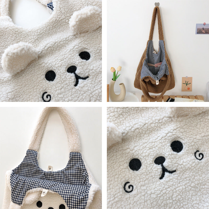 Lamb Wool Large Capacity Plush Embroidery Shopping Bag Hanzuva