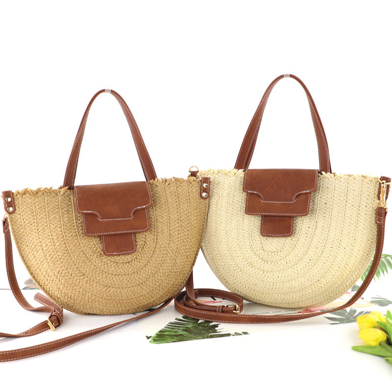 New Semicircle Paper Defense Straw Woven Bag Retro Cover Woven One-Shoulder Female Beach Hanzuva