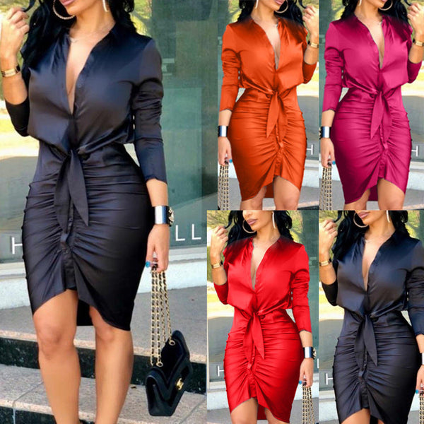 Women Lace-up Solid Color Long Sleeve Midi Dress Shirt Dress Elegant Fashion Party Dress Hanzuva