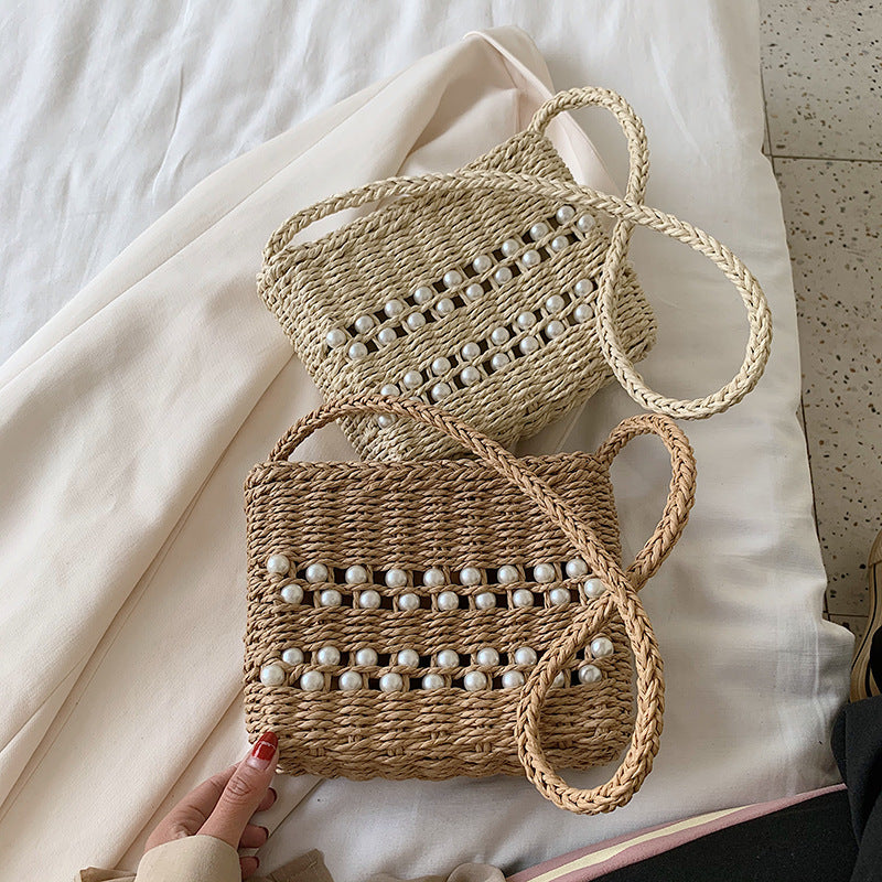Fashion Messenger Bag Women Casual Western Style One-shoulder Pearl Straw Woven Bag Hanzuva
