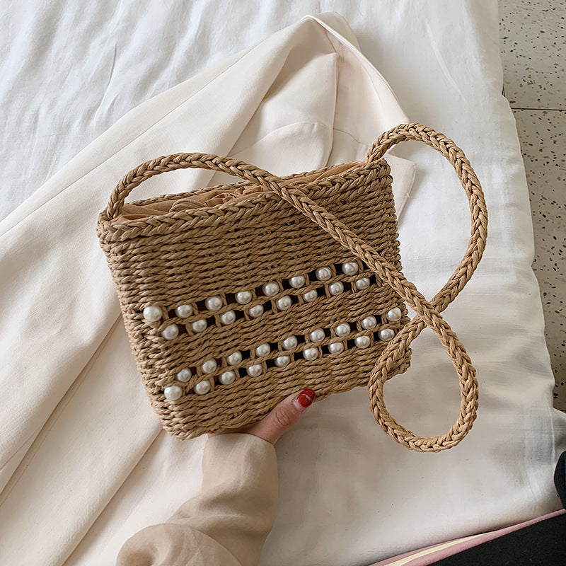 Fashion Messenger Bag Women Casual Western Style One-shoulder Pearl Straw Woven Bag Hanzuva