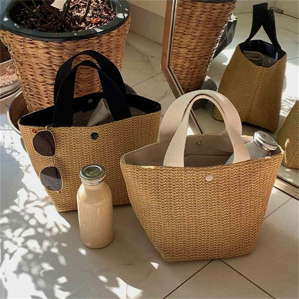 Free Size Sweet Temperament Design Straw Weave Fashion Simple Portable Bucket Bag Hanzuva