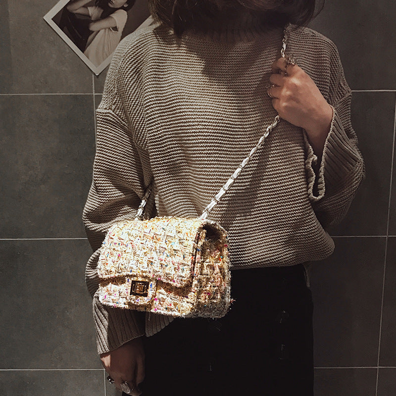 Autumn And Winter New Women'S Bag Lattice Bag Woolen Cloth Small Fragrant Wind Rhombic Chain Bag Woven One Shoulder Messenger Bag