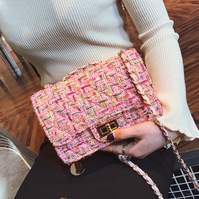 Autumn And Winter New Women'S Bag Lattice Bag Woolen Cloth Small Fragrant Wind Rhombic Chain Bag Woven One Shoulder Messenger Bag