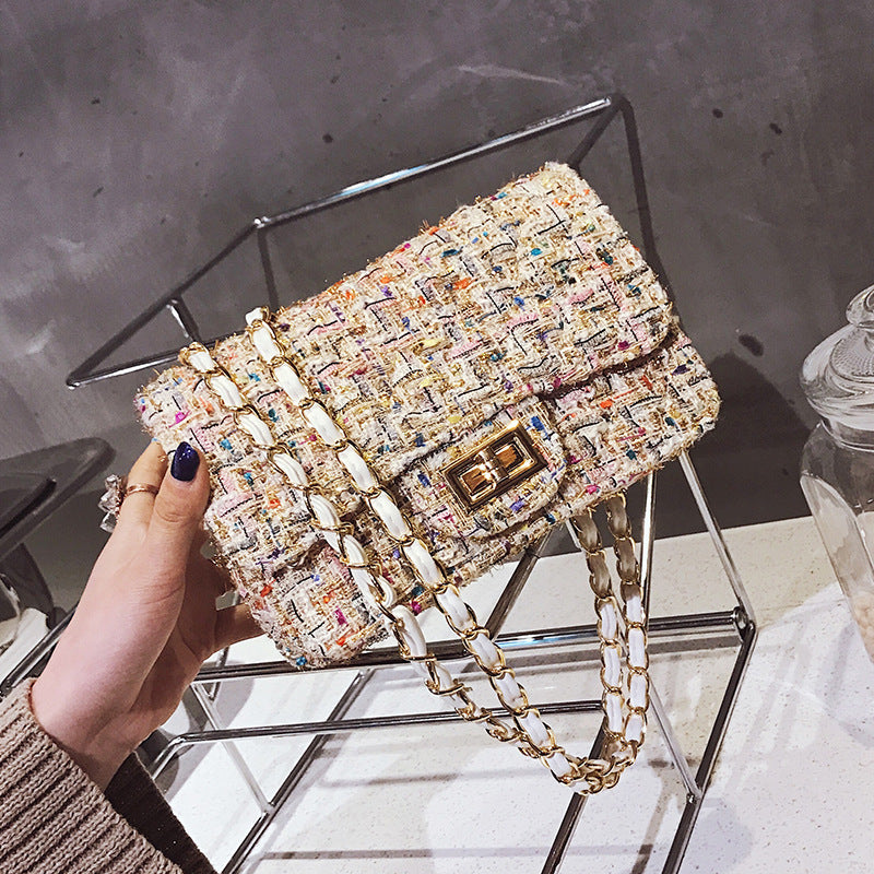 Autumn And Winter New Women'S Bag Lattice Bag Woolen Cloth Small Fragrant Wind Rhombic Chain Bag Woven One Shoulder Messenger Bag