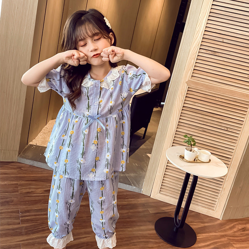 Home Wear Short-sleeved Cotton Air-conditioned Pajamas For Little Girls Hanzuva