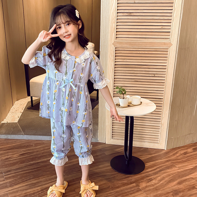 Home Wear Short-sleeved Cotton Air-conditioned Pajamas For Little Girls Hanzuva