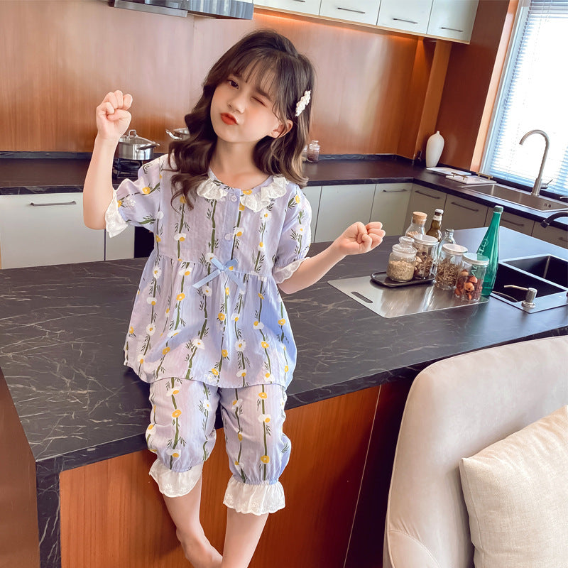 Home Wear Short-sleeved Cotton Air-conditioned Pajamas For Little Girls Hanzuva
