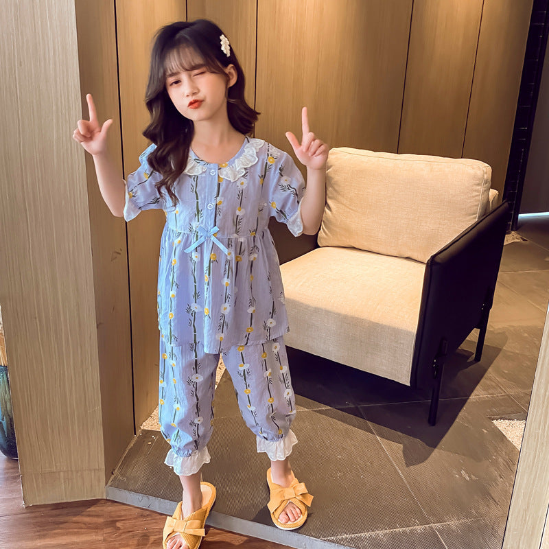 Home Wear Short-sleeved Cotton Air-conditioned Pajamas For Little Girls Hanzuva
