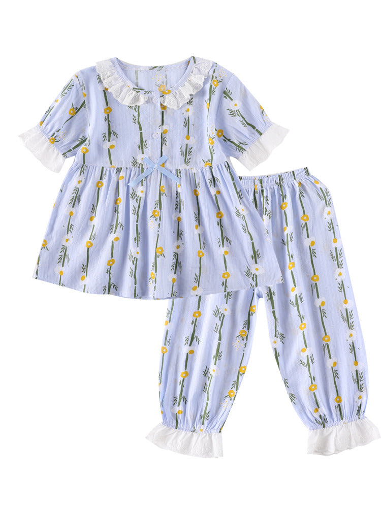 Home Wear Short-sleeved Cotton Air-conditioned Pajamas For Little Girls Hanzuva