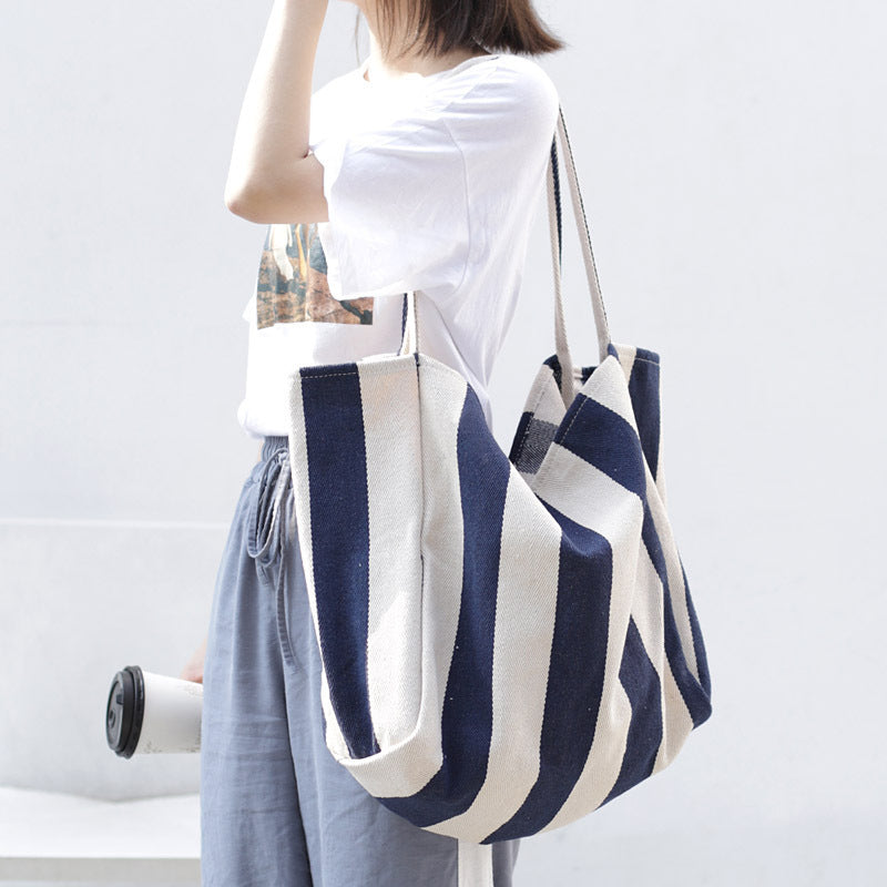 Striped Canvas Bags High Capacity Shoulder Bags For Women Fashion Shopper Handbags Casual Shopping Totes Hanzuva