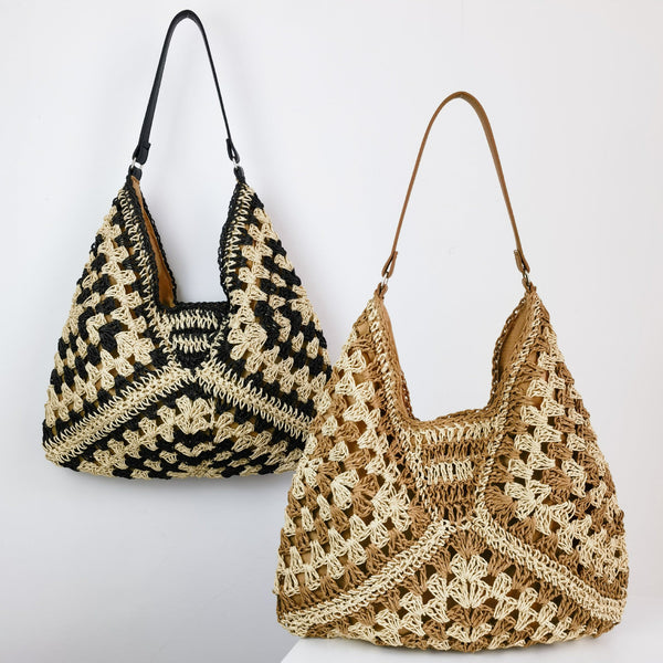 Women's Fashion Handmade Straw Woven Hollow Contrast Color Weave Shoulder Bag Hanzuva