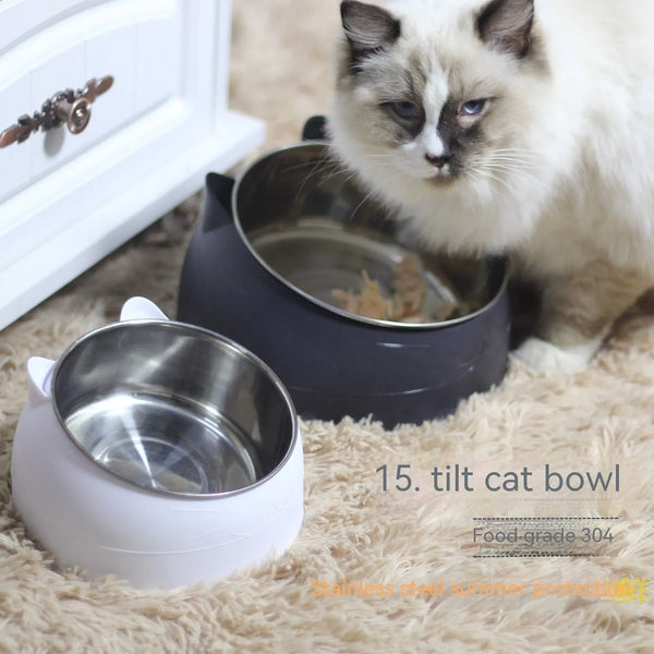 Stainless Steel Dog Bowl Double Bowl Cervical Protection Oblique Mouth Hot Pet Food Basin Supplies Hanzuva