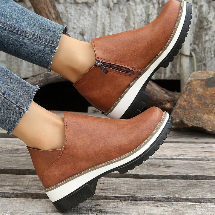 Women Ankle Boots Round Toe Low Heel Zipper Shoes Hanzuva