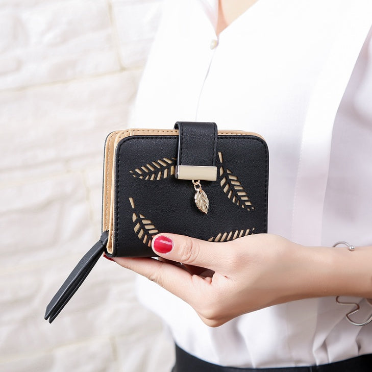 New Korean Women's Wallet Short Hollow Clutch Bag Leaf Zipper Buckle Bills Card Pack Hanzuva