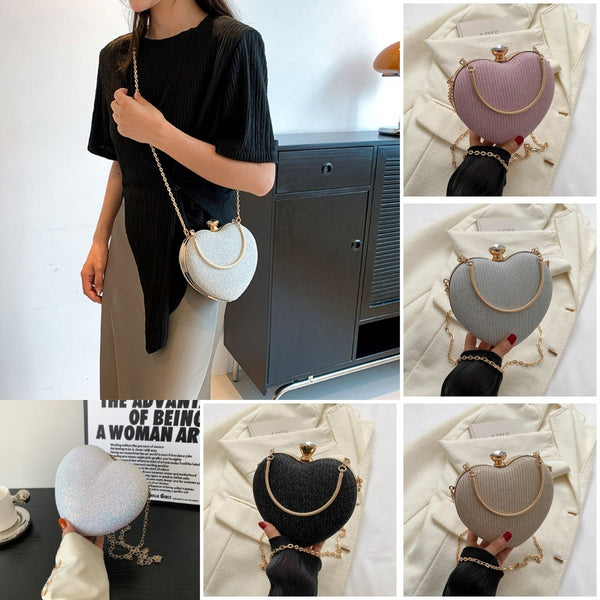 Evening Clutch Bag Women Bag Shiny Handbag Heart Shape Metal Clutches Bag Fashion Chain Shoulder Crossbody Bag Luxury Lady Purse Valentines Day Outfit Hanzuva