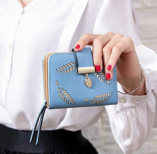 New Korean Women's Wallet Short Hollow Clutch Bag Leaf Zipper Buckle Bills Card Pack Hanzuva