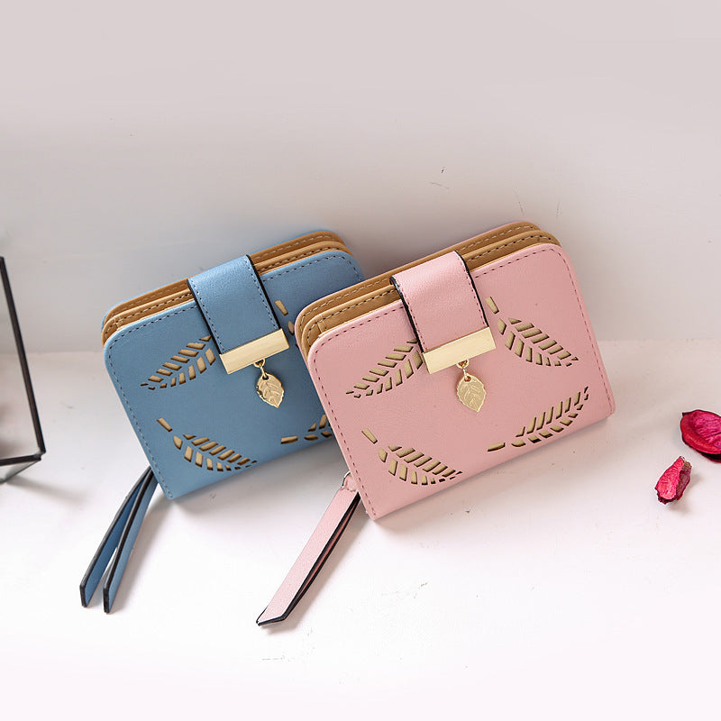 New Korean Women's Wallet Short Hollow Clutch Bag Leaf Zipper Buckle Bills Card Pack Hanzuva