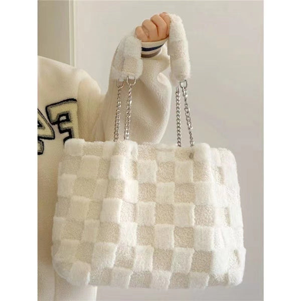 White Plush One Shoulder Bag Casual Tote Bag Hanzuva