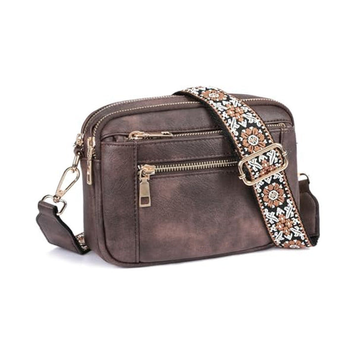 Triple-zipper Shoulder Bag With Floral Embroidered Straps Fashion Colorblock Multi-functional Crossbody Bags For Women Hanzuva