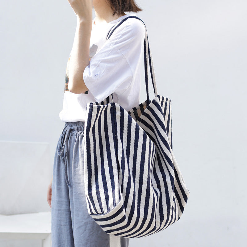Striped Canvas Bags High Capacity Shoulder Bags For Women Fashion Shopper Handbags Casual Shopping Totes Hanzuva