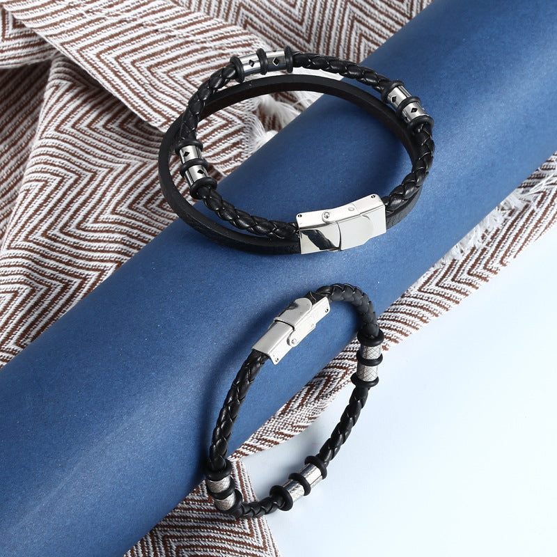 Stainless Steel Woven Leather String Couple Bracelet