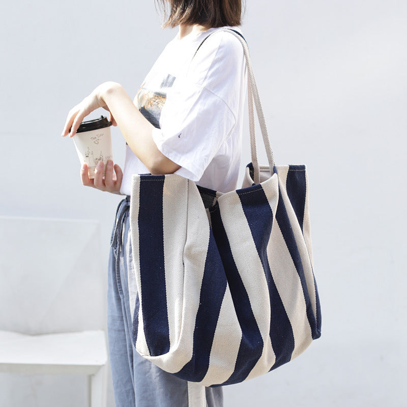 Striped Canvas Bags High Capacity Shoulder Bags For Women Fashion Shopper Handbags Casual Shopping Totes Hanzuva