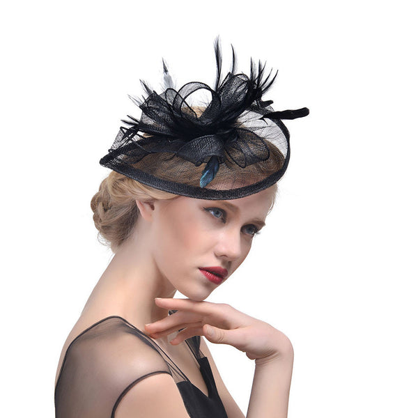 Hemp Yarn Banquet Net Top Hat Bridal Feather Hairpin Hanzuva