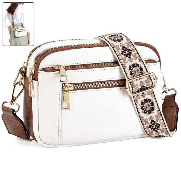 Triple-zipper Shoulder Bag With Floral Embroidered Straps Fashion Colorblock Multi-functional Crossbody Bags For Women Hanzuva