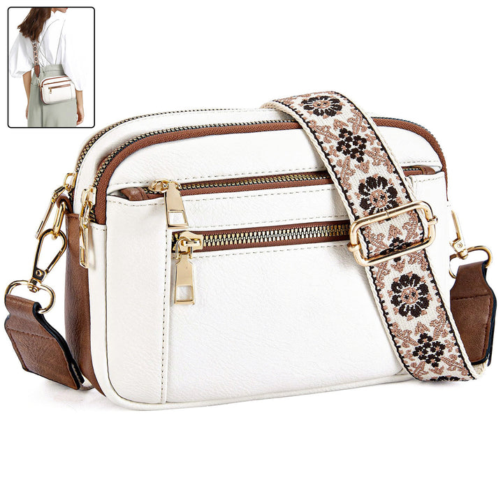 Triple-zipper Shoulder Bag With Floral Embroidered Straps Fashion Colorblock Multi-functional Crossbody Bags For Women Hanzuva