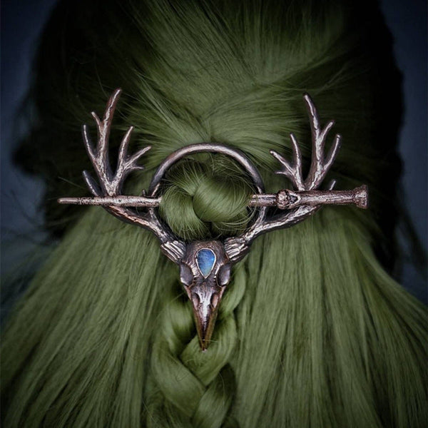 Gothic Retro Crow Skeleton Moonlight Stone Deer Horn Women's Hairpin Hanzuva