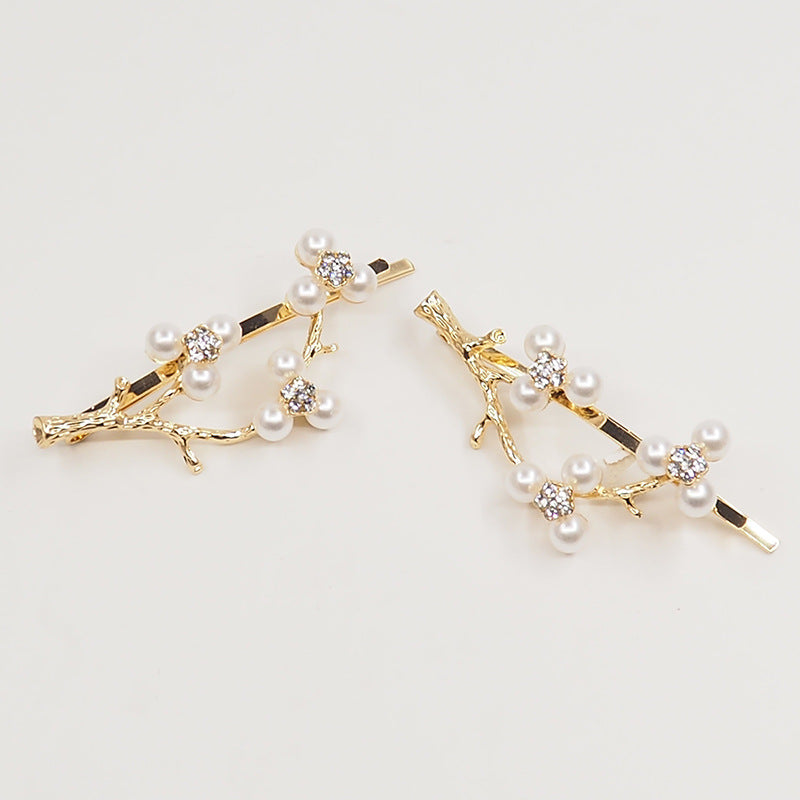 Pearl Zircon Plum Blossom Branch Bangs Clip