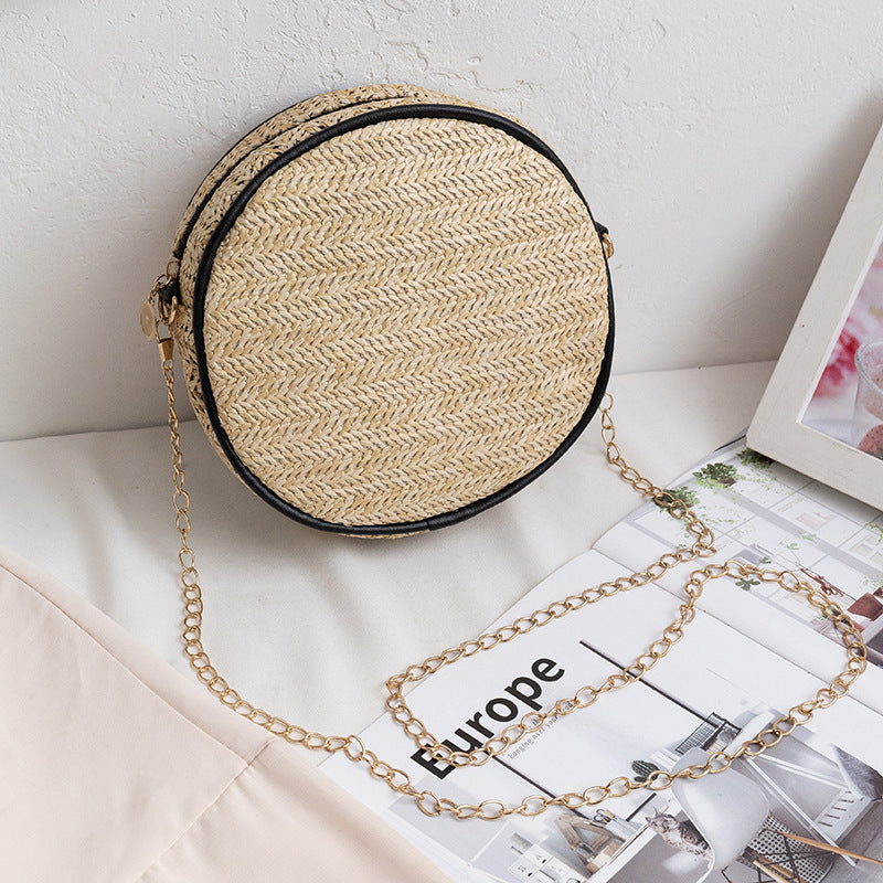 Ladies One Shoulder Straw Small Round Bag