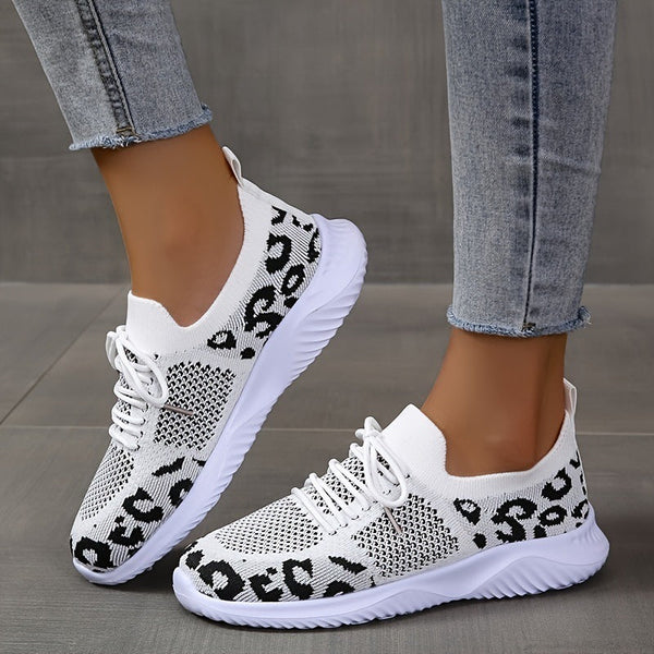 White Shoes Women Leopard Print Lace-up Sneakers Sports Hanzuva