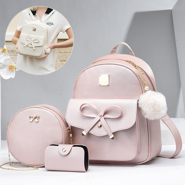 Fashion Women's Bags PU Bow Composite Bag Young Girl Student Cute Shoulders Backpack Crossbody Bags Coin Purse 3pcs Set Hanzuva
