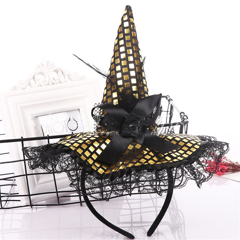 Halloween Decoration Witch Hat Headband, Masquerade Show Lace Sequin Hat Headband