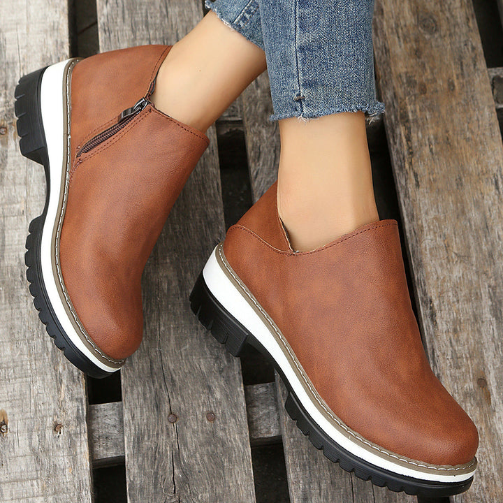 Women Ankle Boots Round Toe Low Heel Zipper Shoes Hanzuva
