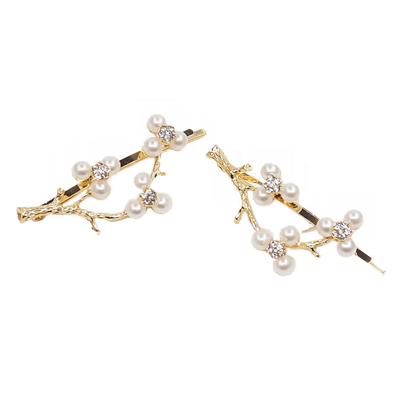 Pearl Zircon Plum Blossom Branch Bangs Clip
