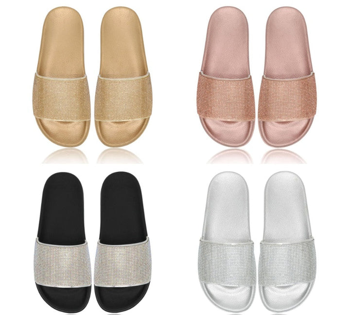 Women's Rhinestone Stand Independently Fashion Craft Flat Slippers Hanzuva